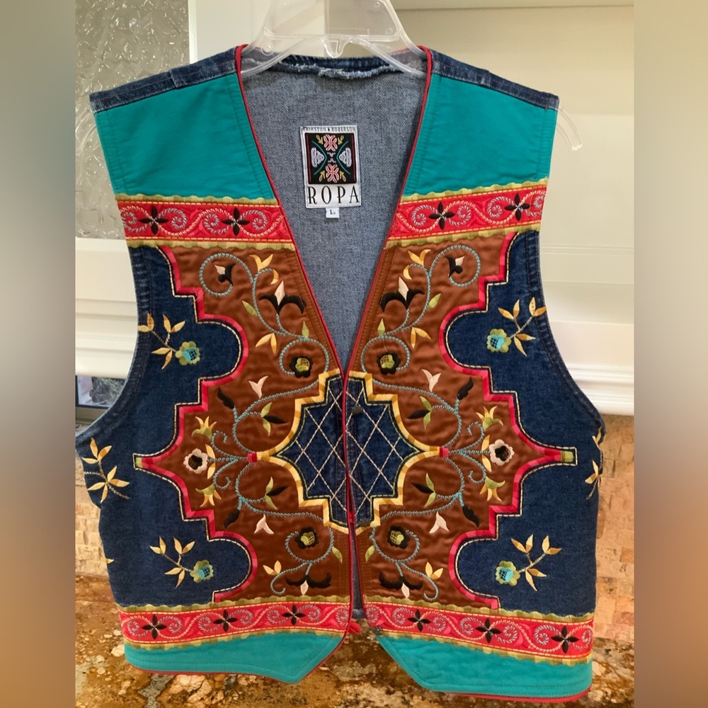 Ropa Hairston Roberson Vintage Western Suede Embroidered Vest Large